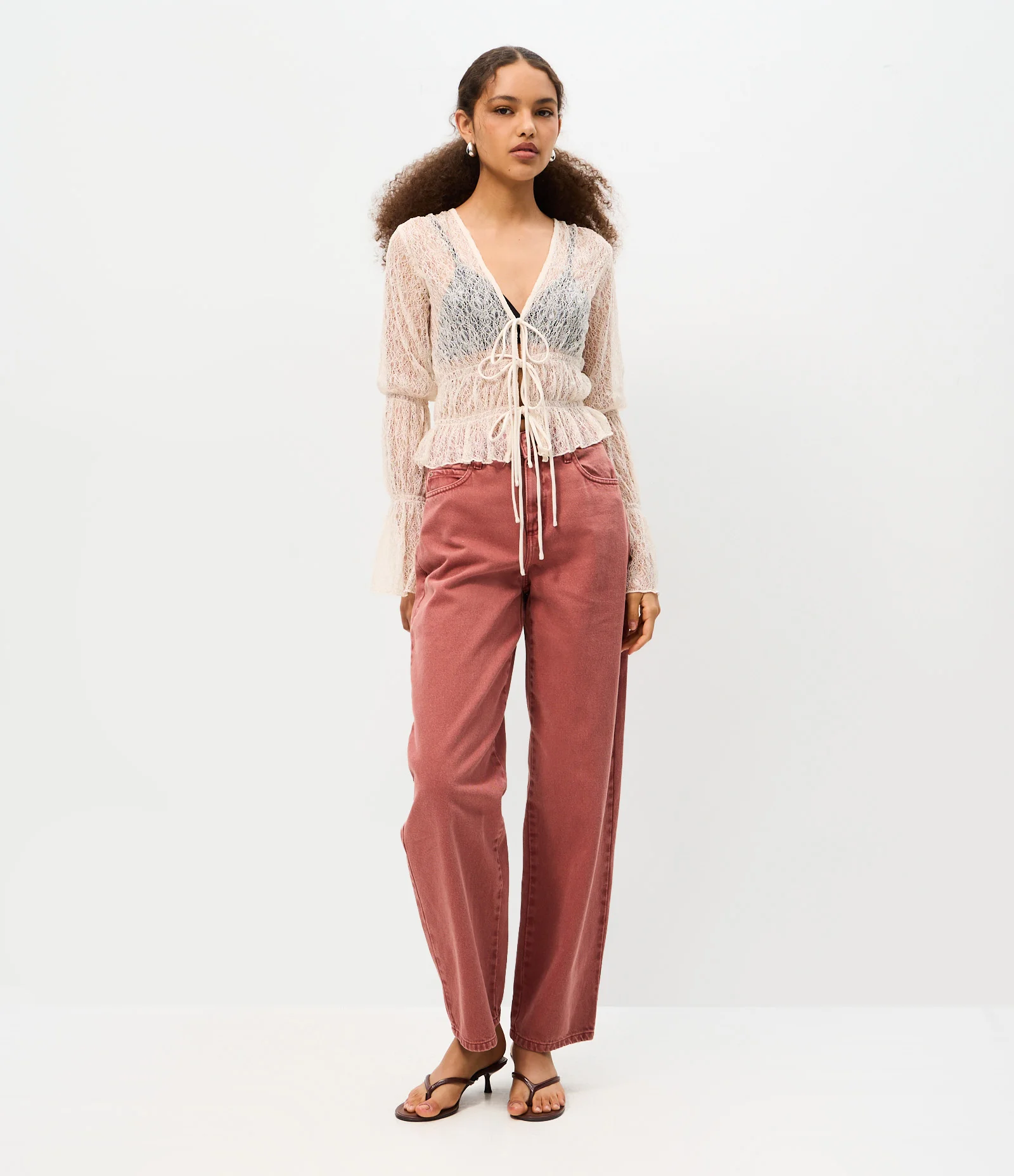 Calça Baggy em Sarja com Cintura Média Ajustável Rose 1