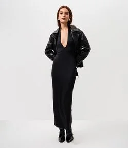 Vestido Frente Única Midi em Microfibra com Decote V