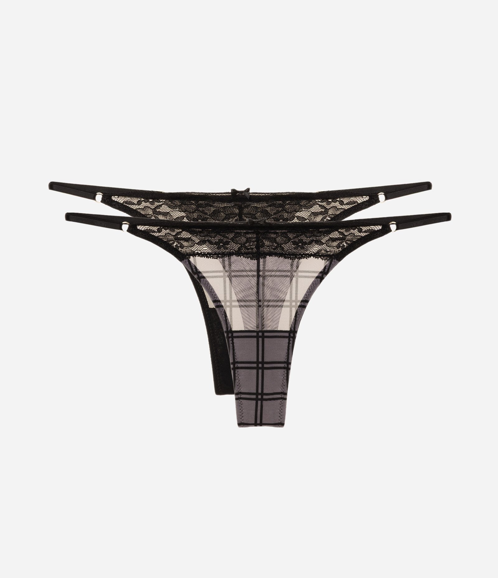 Kit 02 Calcinha String Fio em Tule com Estampa Xadrez Preto 5