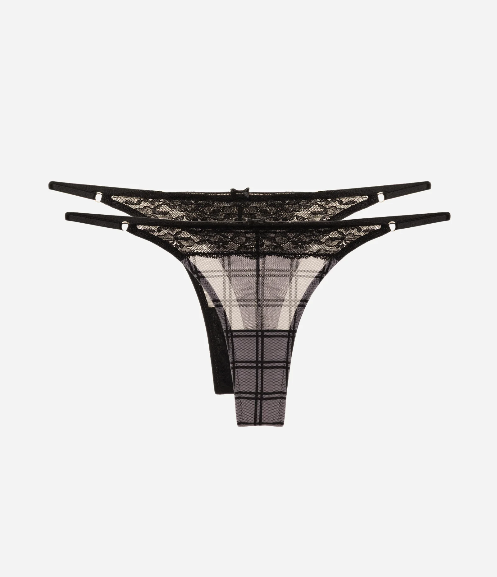 Kit 02 Calcinha String Fio em Tule com Estampa Xadrez Preto 1