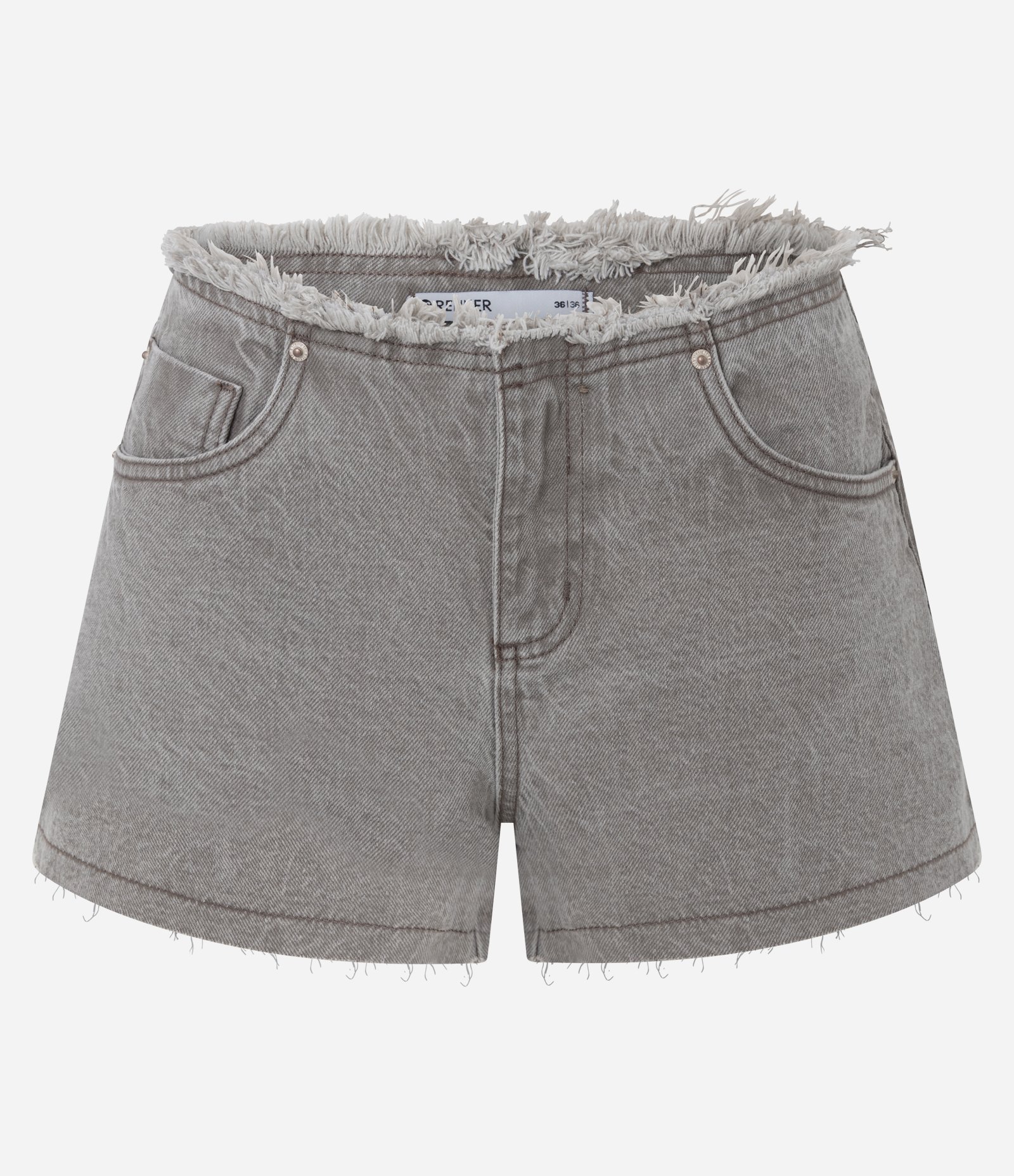 Short em Sarja com Cintura Baixa e Desfiada Cinza 5