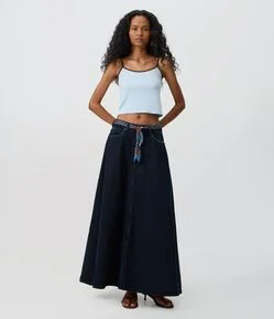 Saia Jeans Midi com Lenço Decorativo
