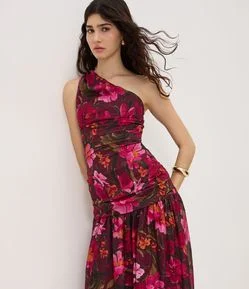 Vestido Midi Floral de Um Ombro Só com Drapeado