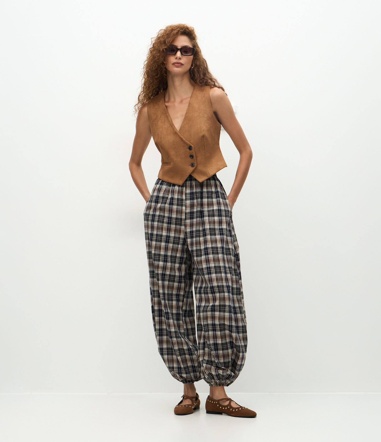 Calça Aladim em Tricoline com Estampa Xadrez Azul 1