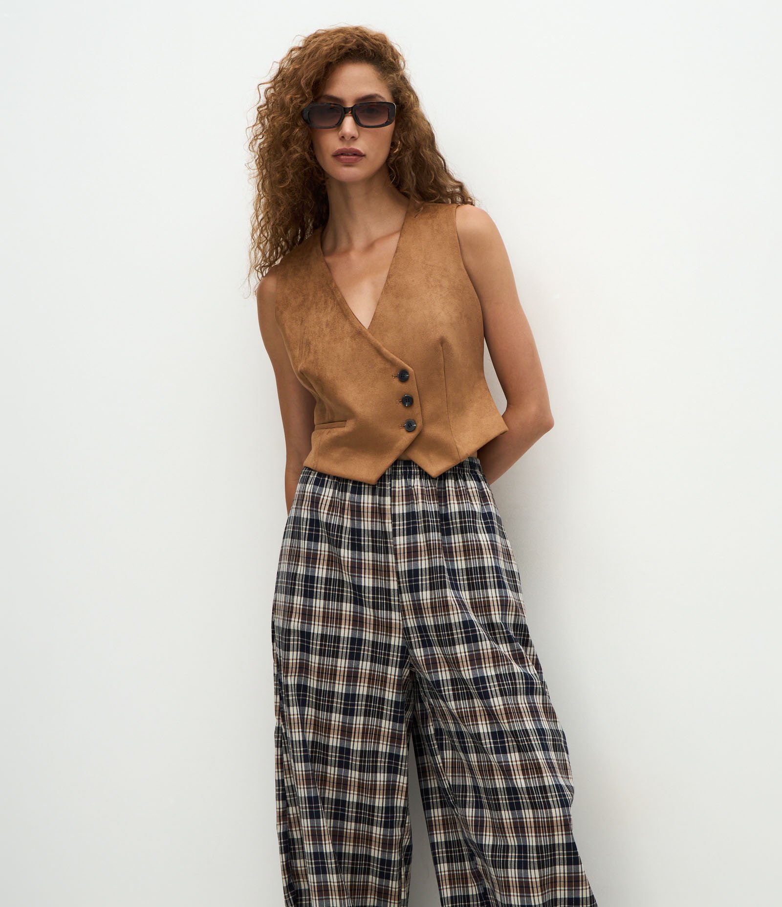 Calça Aladim em Tricoline com Estampa Xadrez Azul 2
