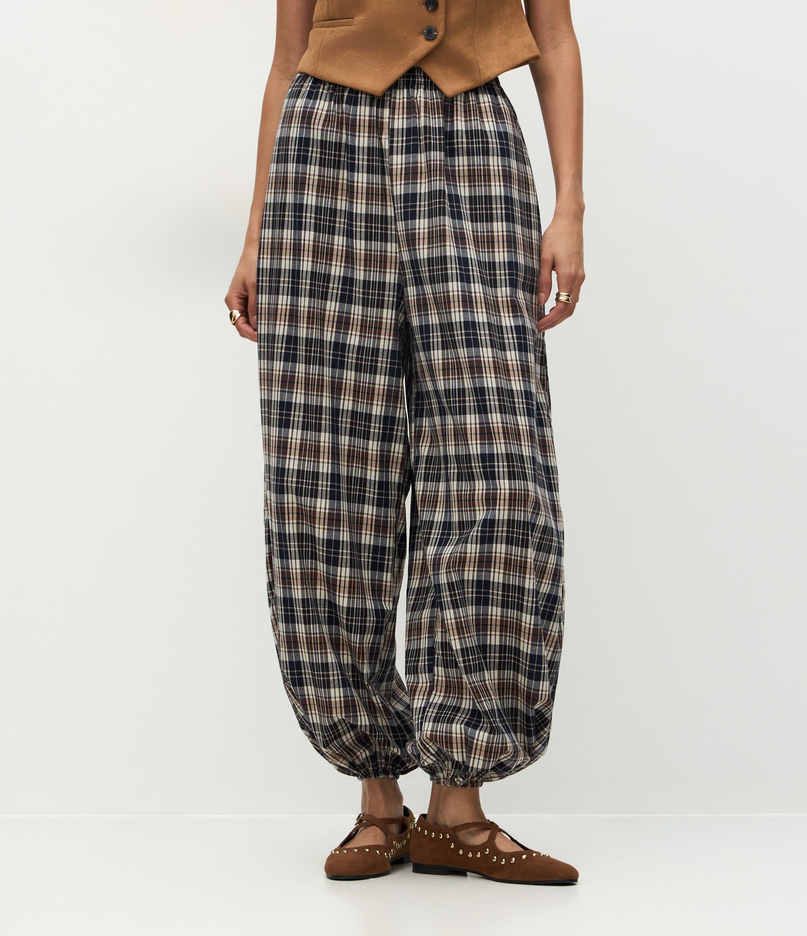 Calça Aladim em Tricoline com Estampa Xadrez Azul 3