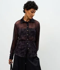 Blusa em Tule Estampado com Amarração na Cintura