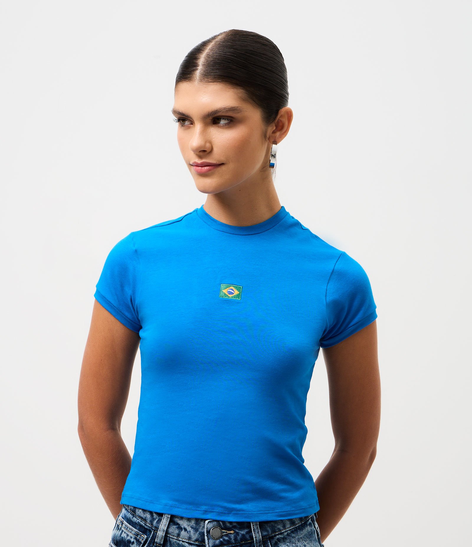 Camiseta Baby Tee com Estampa Brasil Azul 1