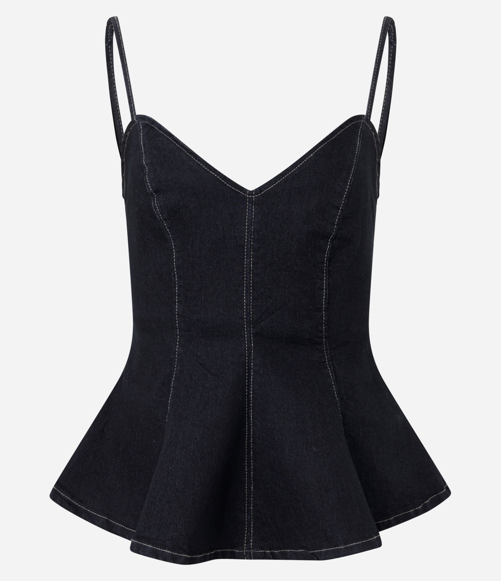 Blusa Slim em Jeans com Decote Coração e Alças Finas Azul Escuro 1