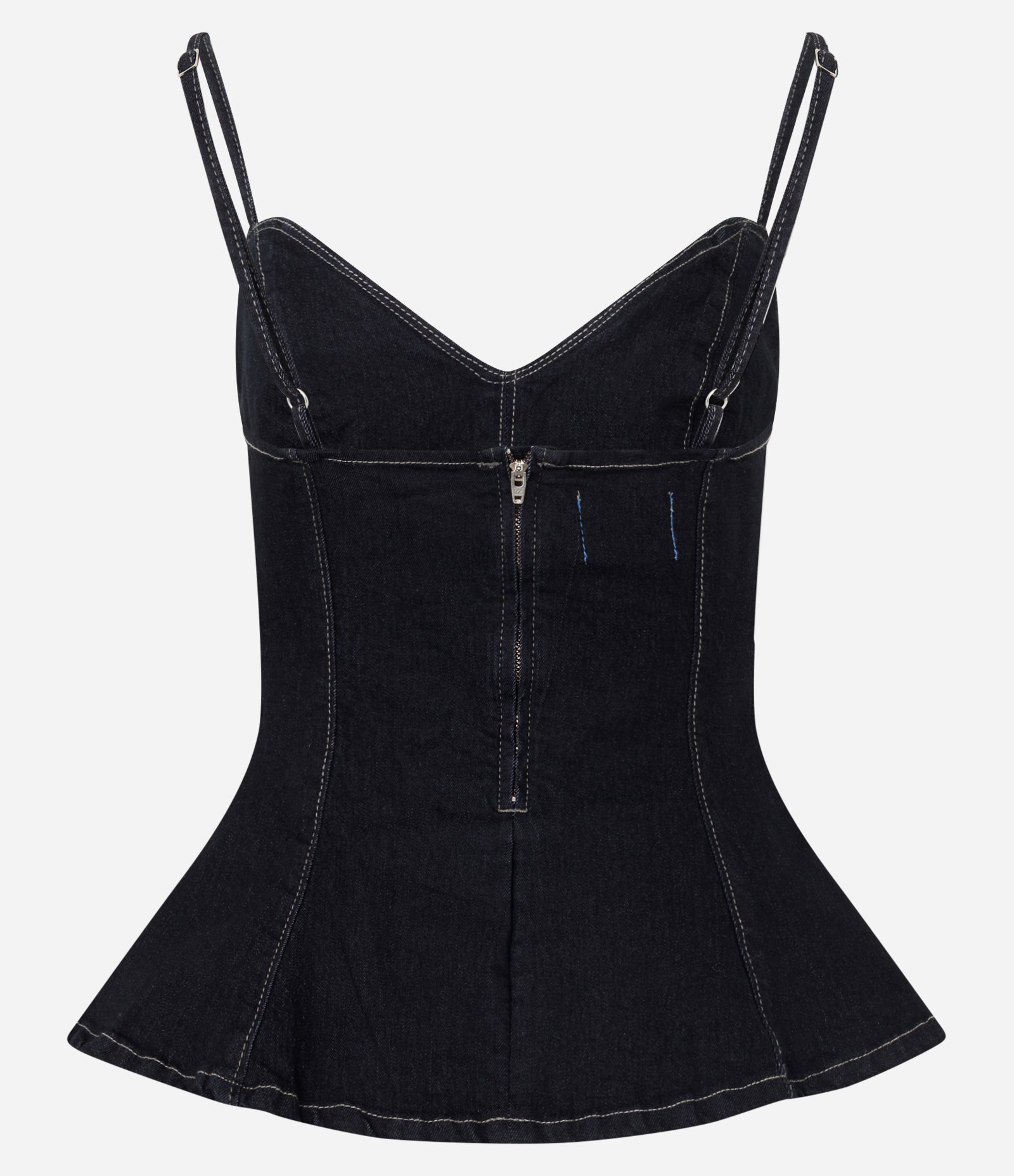 Blusa Slim em Jeans com Decote Coração e Alças Finas Azul Escuro 2