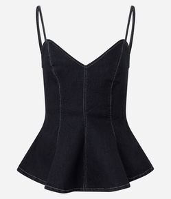 Blusa Slim em Jeans com Decote Coração e Alças Finas