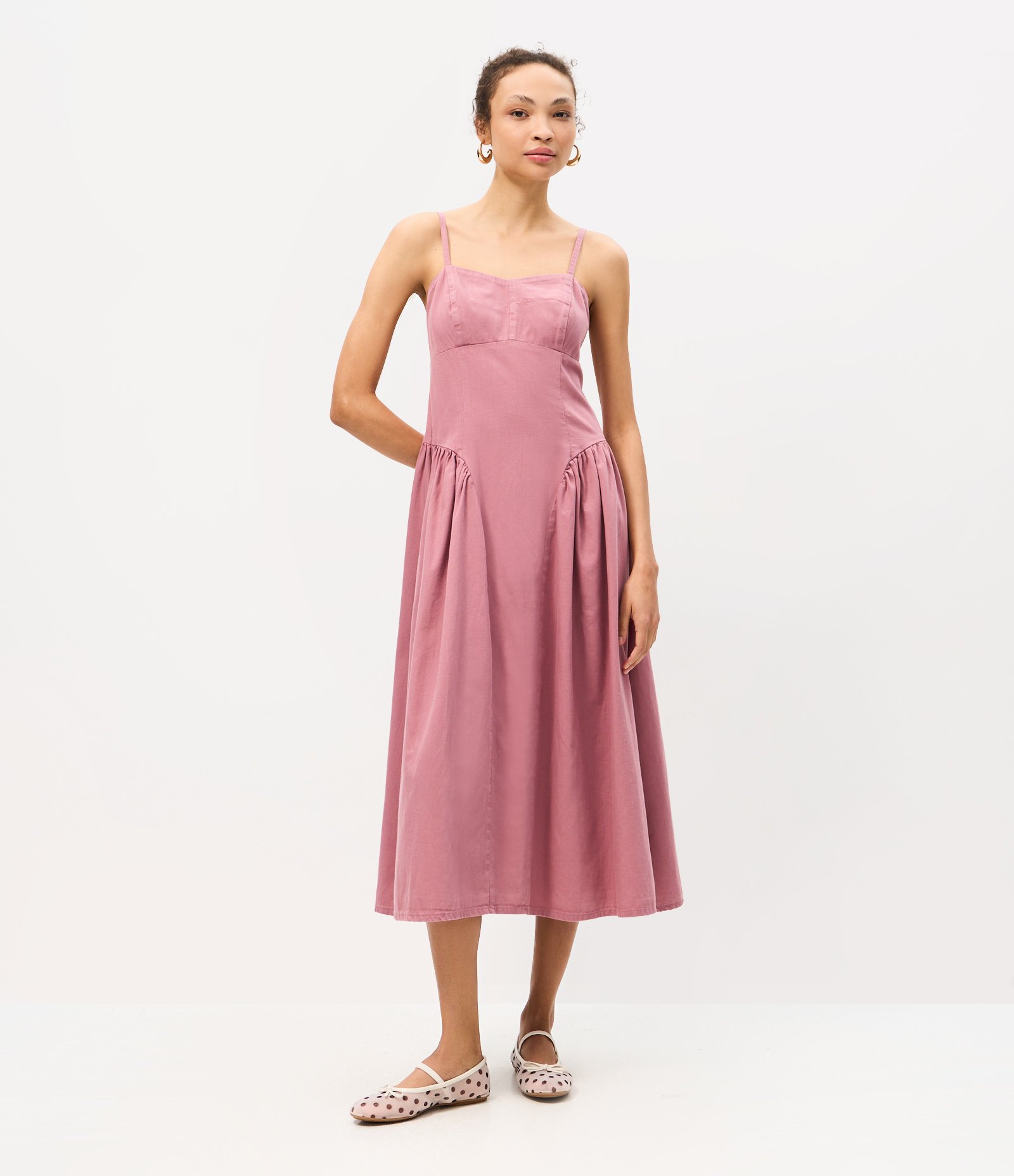 Vestido Midi em Sarja com Recortes Estruturados Rosa 1