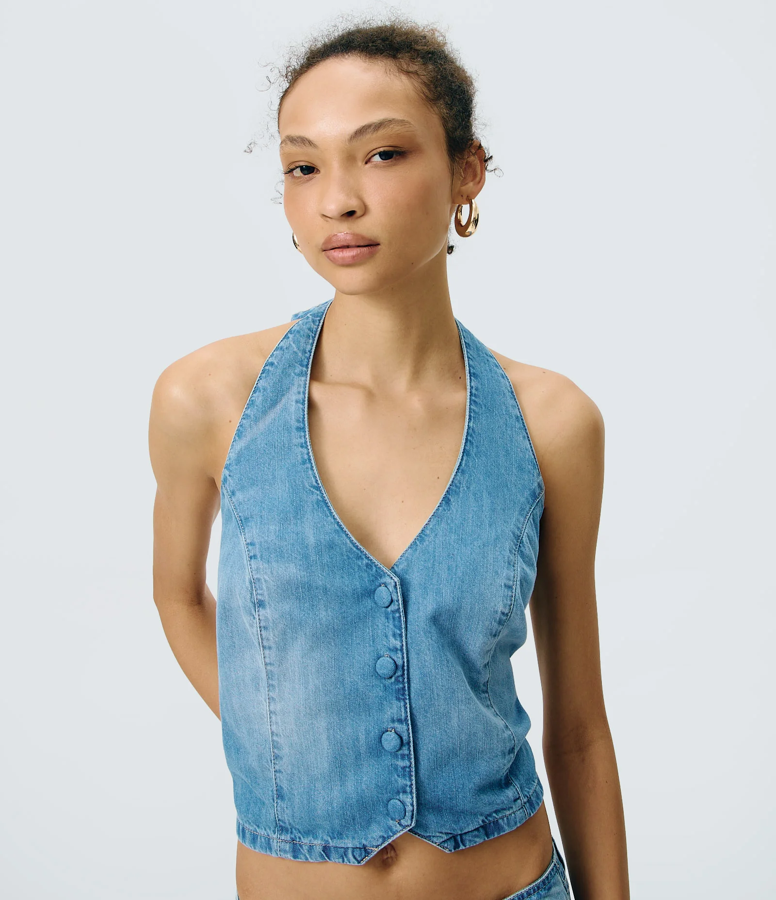 Colete Frente Única em Jeans com Botões Azul 1
