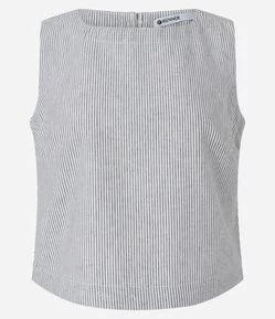 Blusa Cropped em Jeans Maquinetado com Estampa Listrada