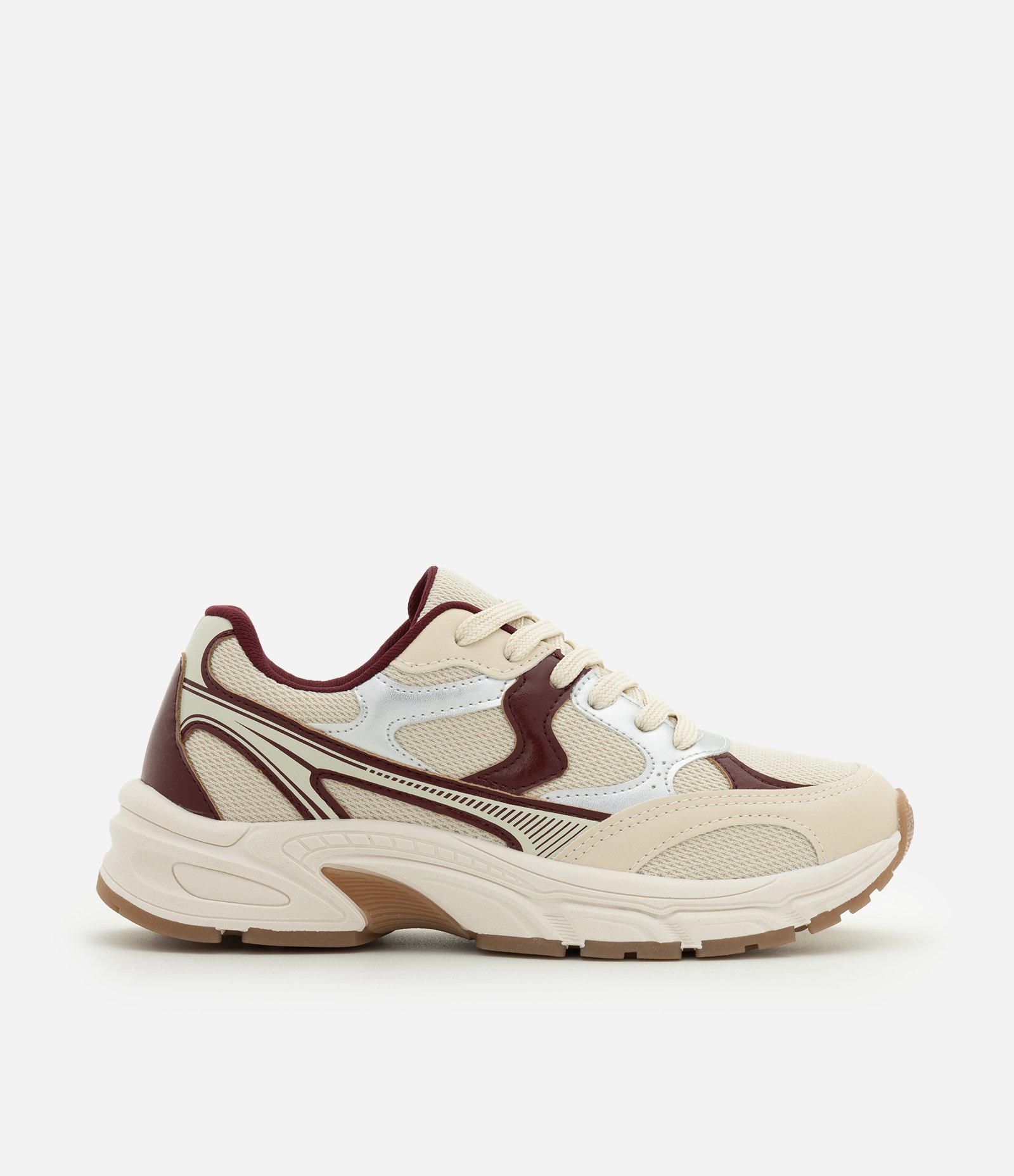 Tênis Jogging Esportivo com Recortes Contrastantes Off White/Bordô 1