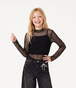 Blusa Infantil Manga Longa em Tule com Regata Interna – Tam 7 a 16 Anos