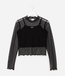 Blusa Infantil Manga Longa em Tule com Regata Interna – Tam 7 a 16 Anos
