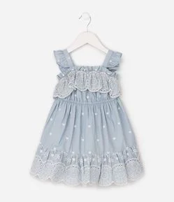 Vestido Infantil Em Algodão Poim Bordado Corações e Babados - Tam 1 a 6 Anos
