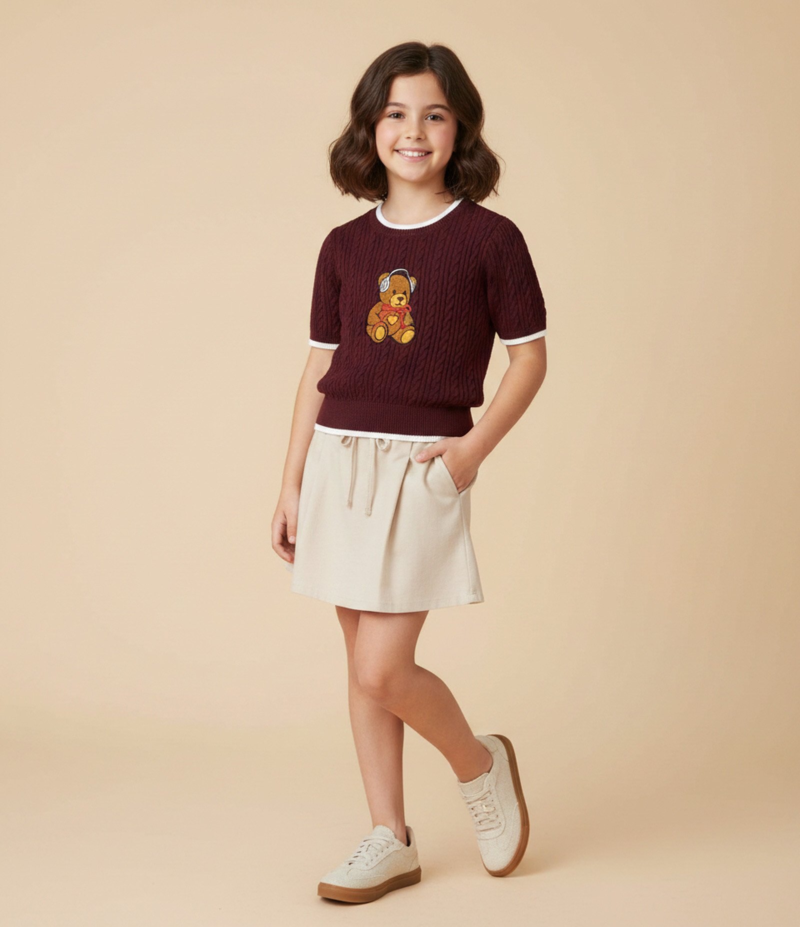 Short Saia Liso com Pregas - Tam 5 a 16 Anos Bege 1