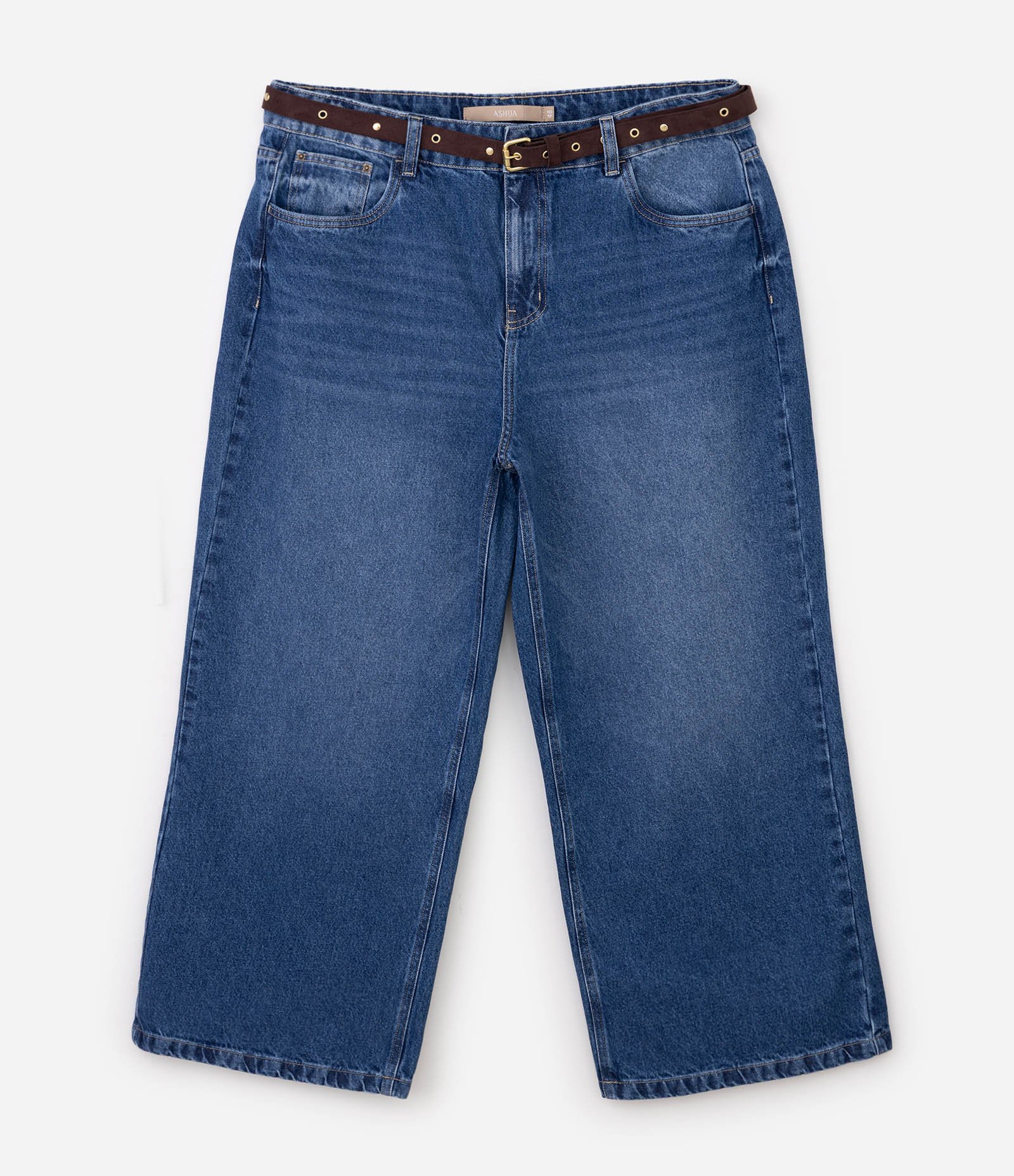 Calça Wide Leg Jeans Cropped com Cinto Tachas Curve & Plus Size Azul 6