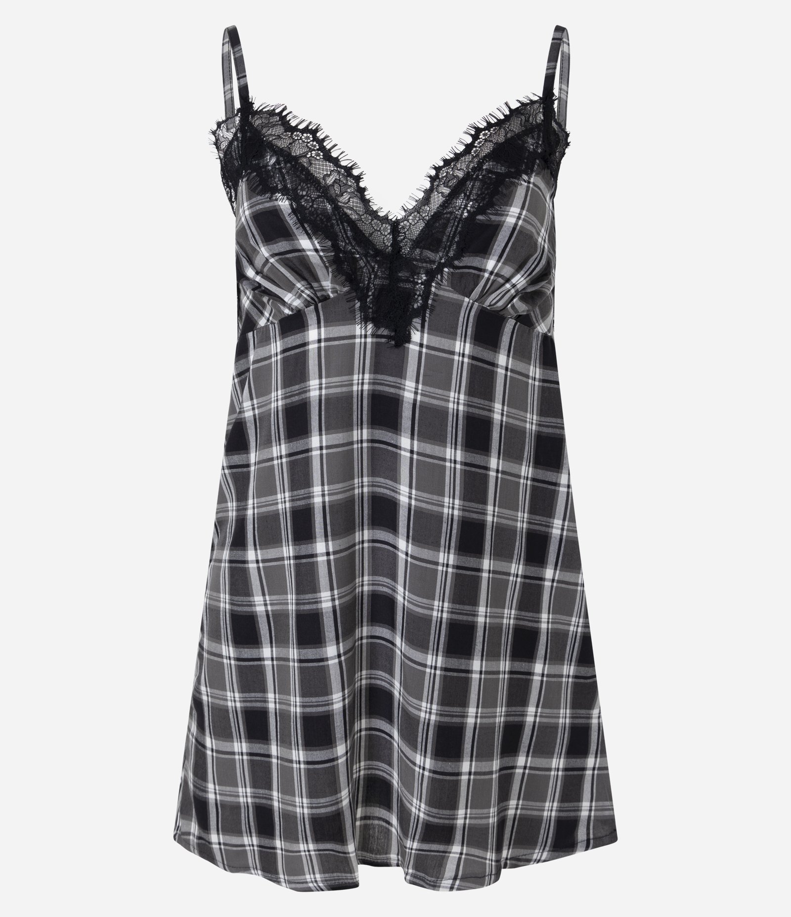 Camisola Curta com Estampa Xadrez Fio Tinto e Renda Preto 1