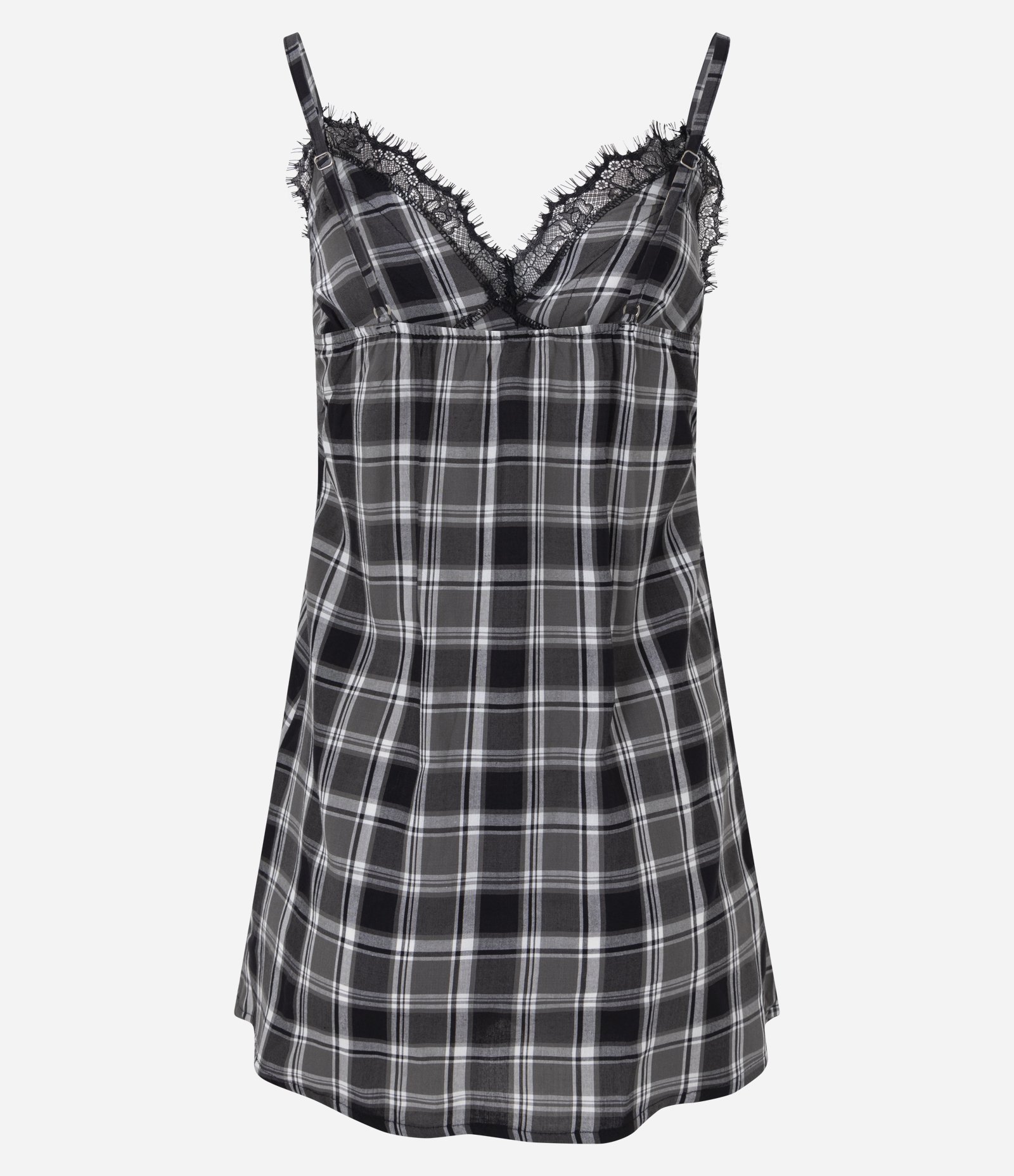 Camisola Curta com Estampa Xadrez Fio Tinto e Renda Preto 2