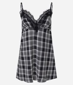 Camisola Curta com Estampa Xadrez Fio Tinto e Renda