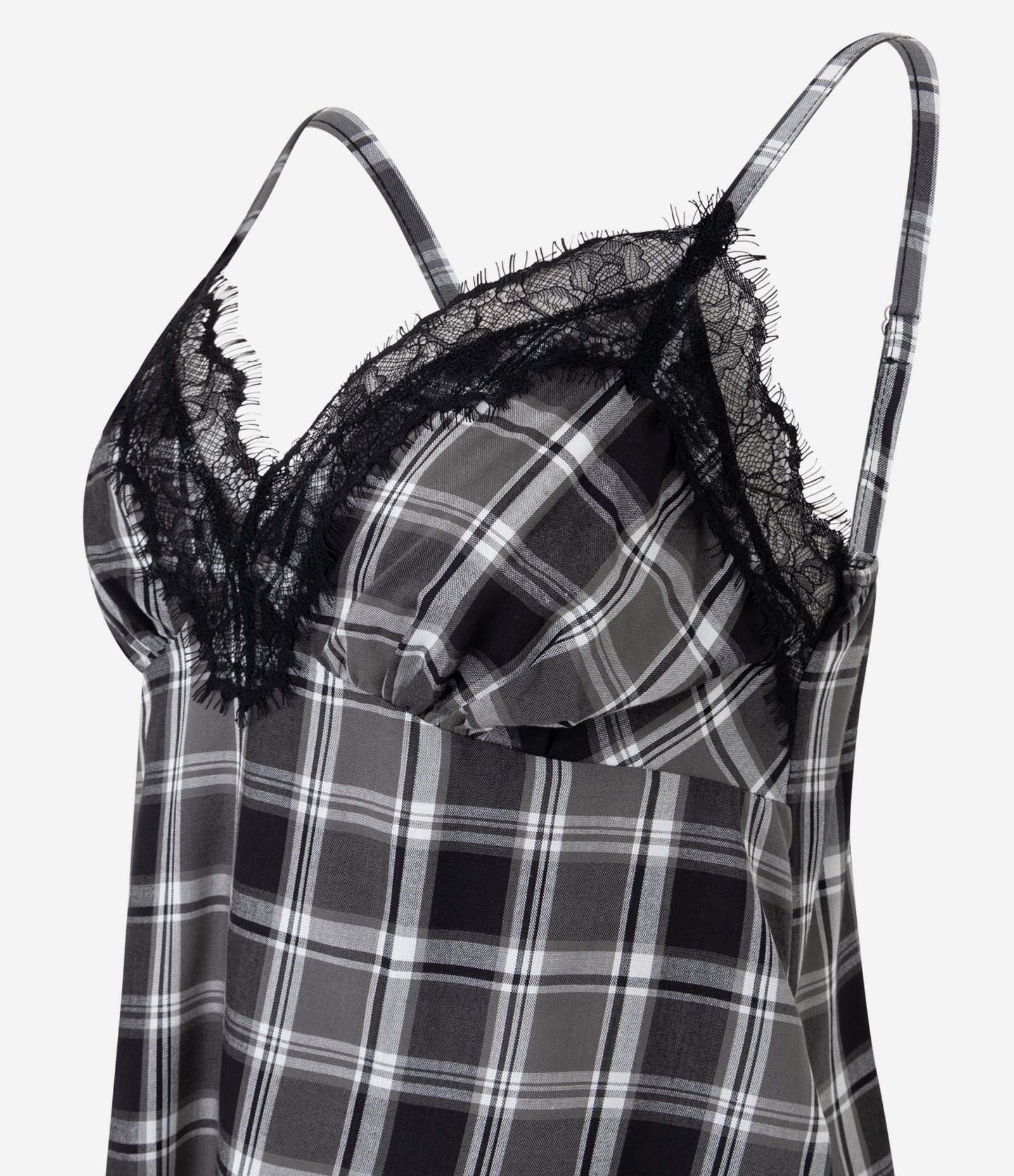 Pijama Curto em Viscose com Estampa Xadrez Fio Tinto e Renda Preto 1
