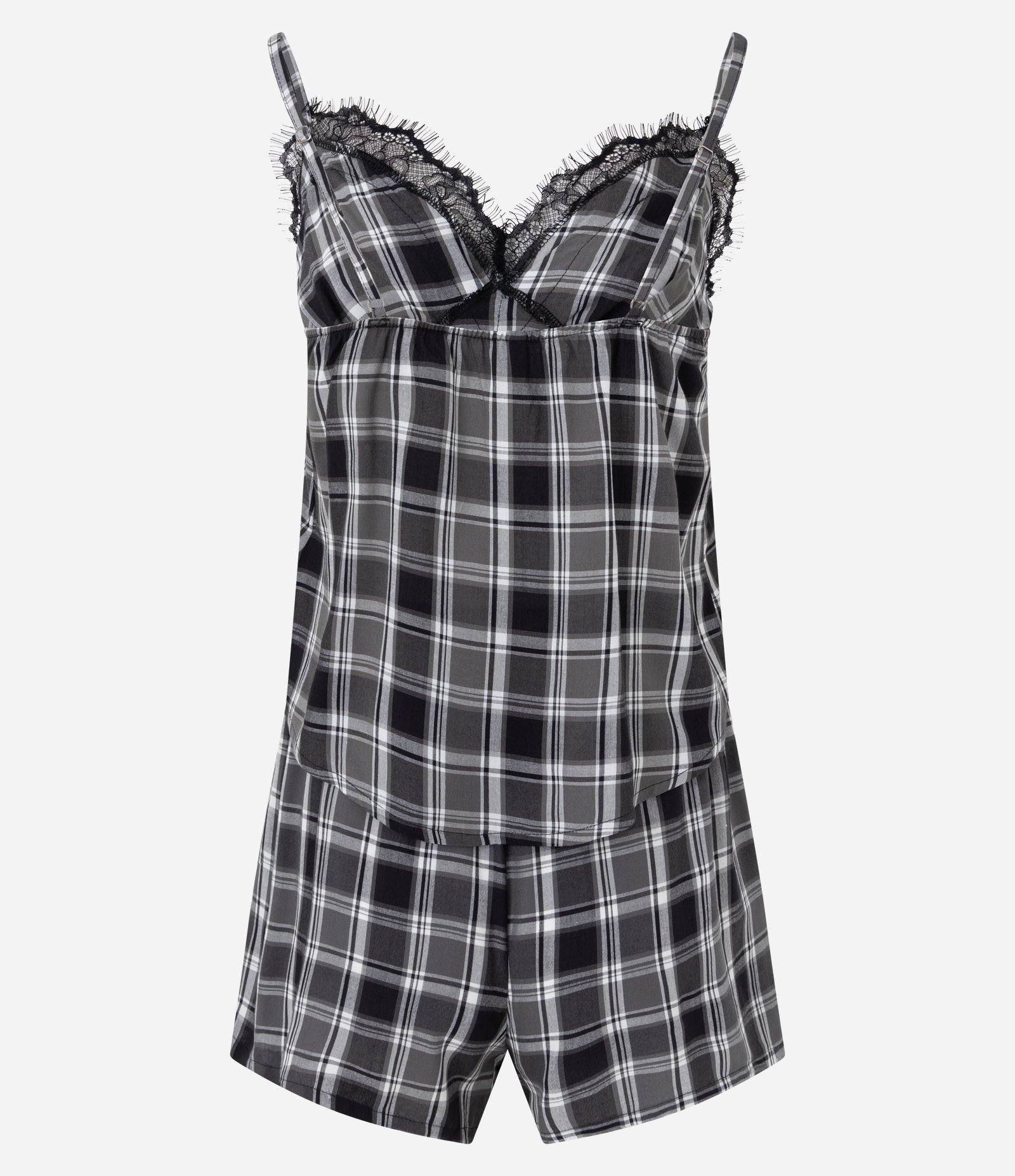 Pijama Curto em Viscose com Estampa Xadrez Fio Tinto e Renda Preto 2