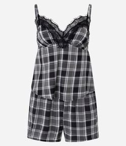Pijama Curto em Viscose com Estampa Xadrez Fio Tinto e Renda