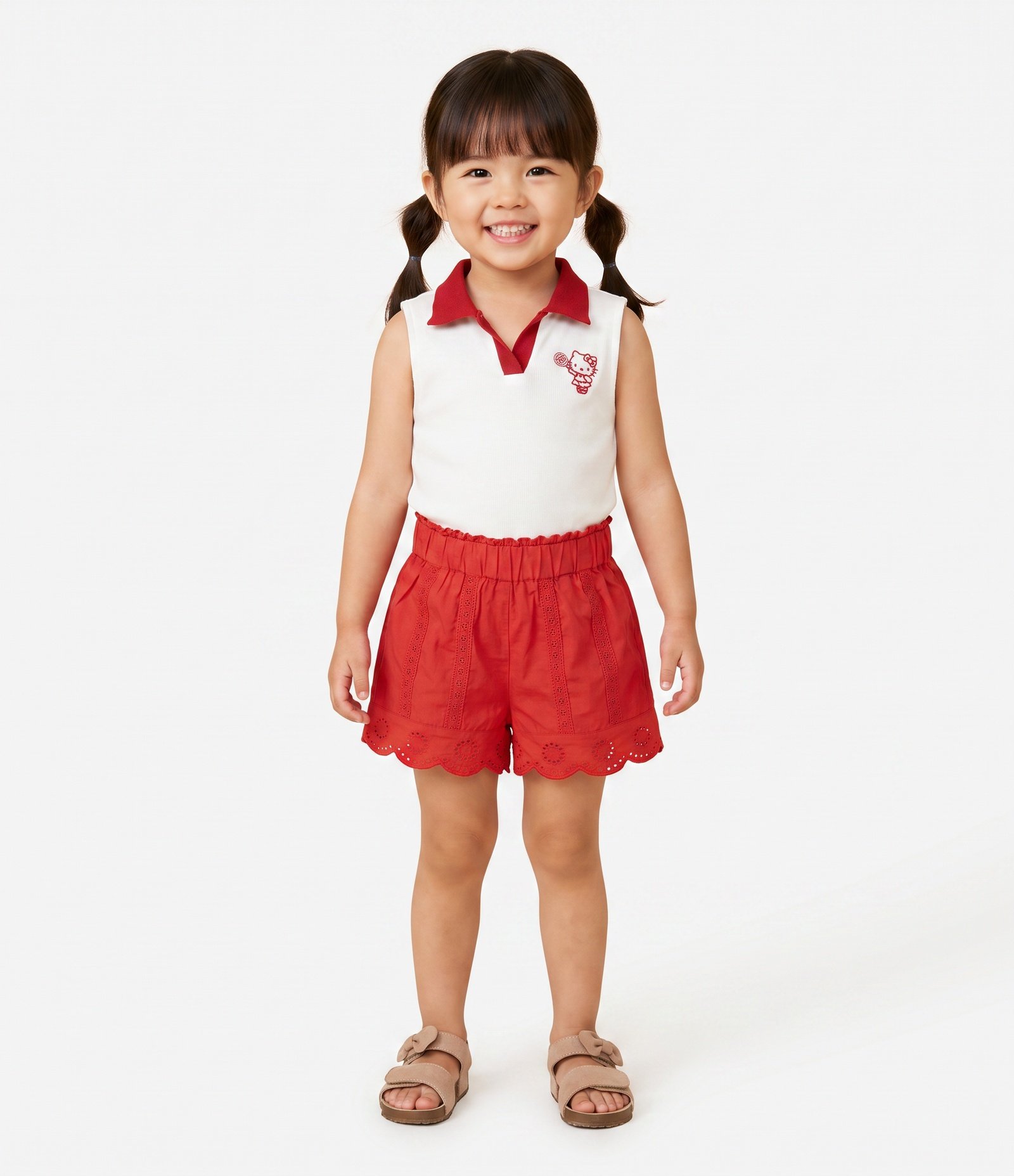 Short Infantil Poim com Bordado Inglês Tam 1 a 6 Anos Vermelho 1