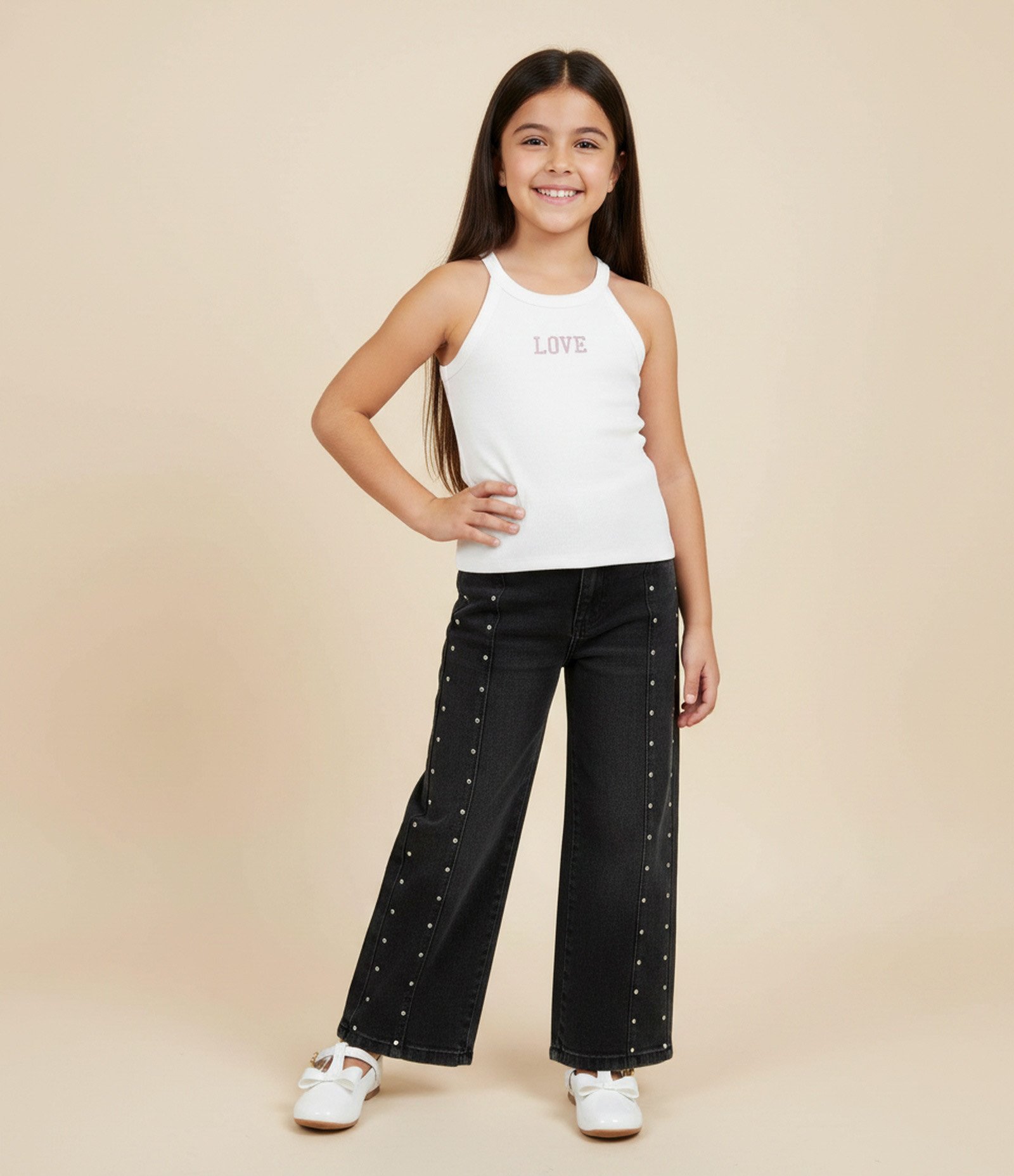 Regata Infantil Baby Tee com Bordado Love - Tam 5 a 16 Anos Bege 1