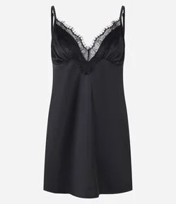 Camisola em Cetim com Alças Finas e Renda no Decote