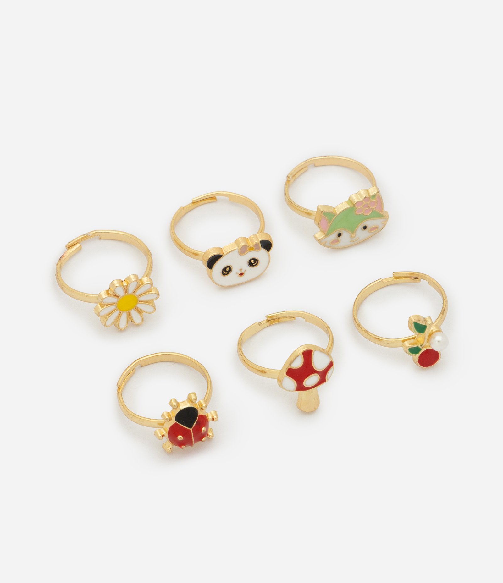 Kit Anel Infantil 6 Peças em Metal com Estampa Bichinhos - Tam U Dourado 1