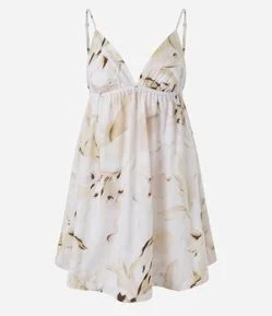 Vestido Curto em Tricoline com Estampa Floral Aquarelada