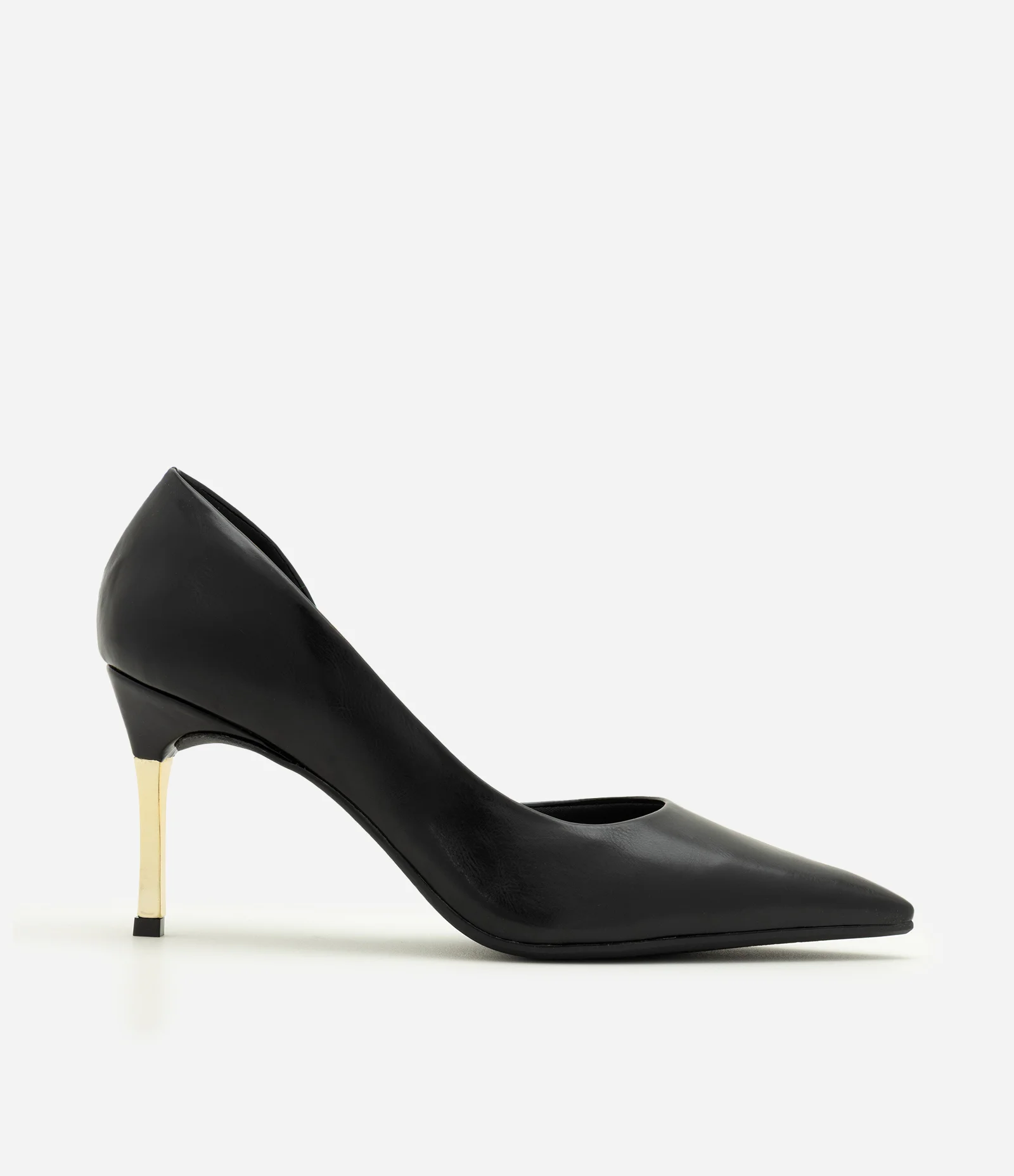 Sapato Scarpin em PU com Salto Alto Cromado Preto