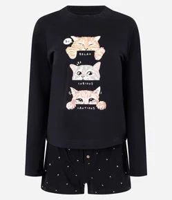 Pijama Curto com Estampa de Gatinhos e Poá