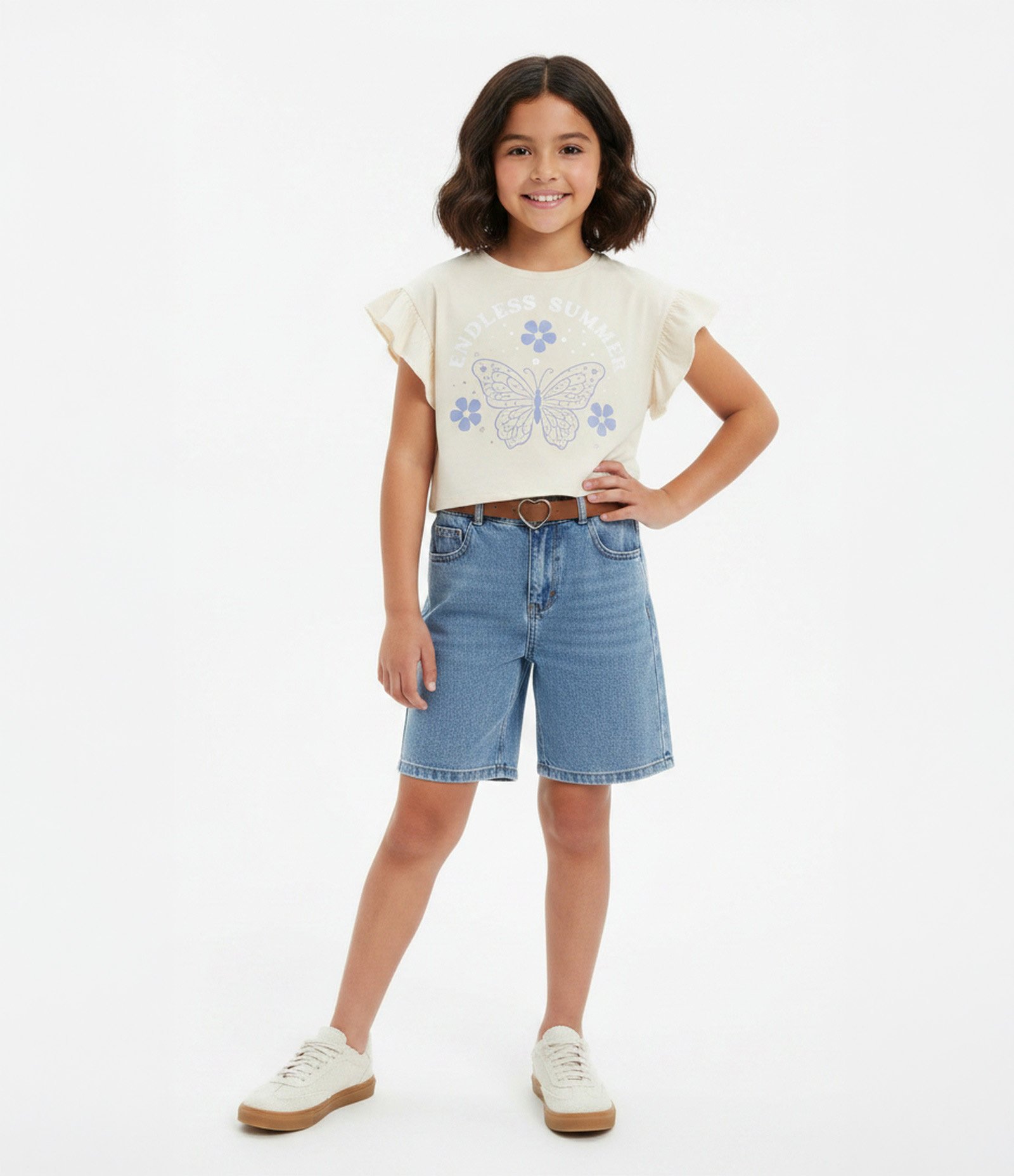 Camiseta Boxy em Algodão com Estampa de Borboleta e Babados Infantil - Tam 5 a 14 Anos Bege 1
