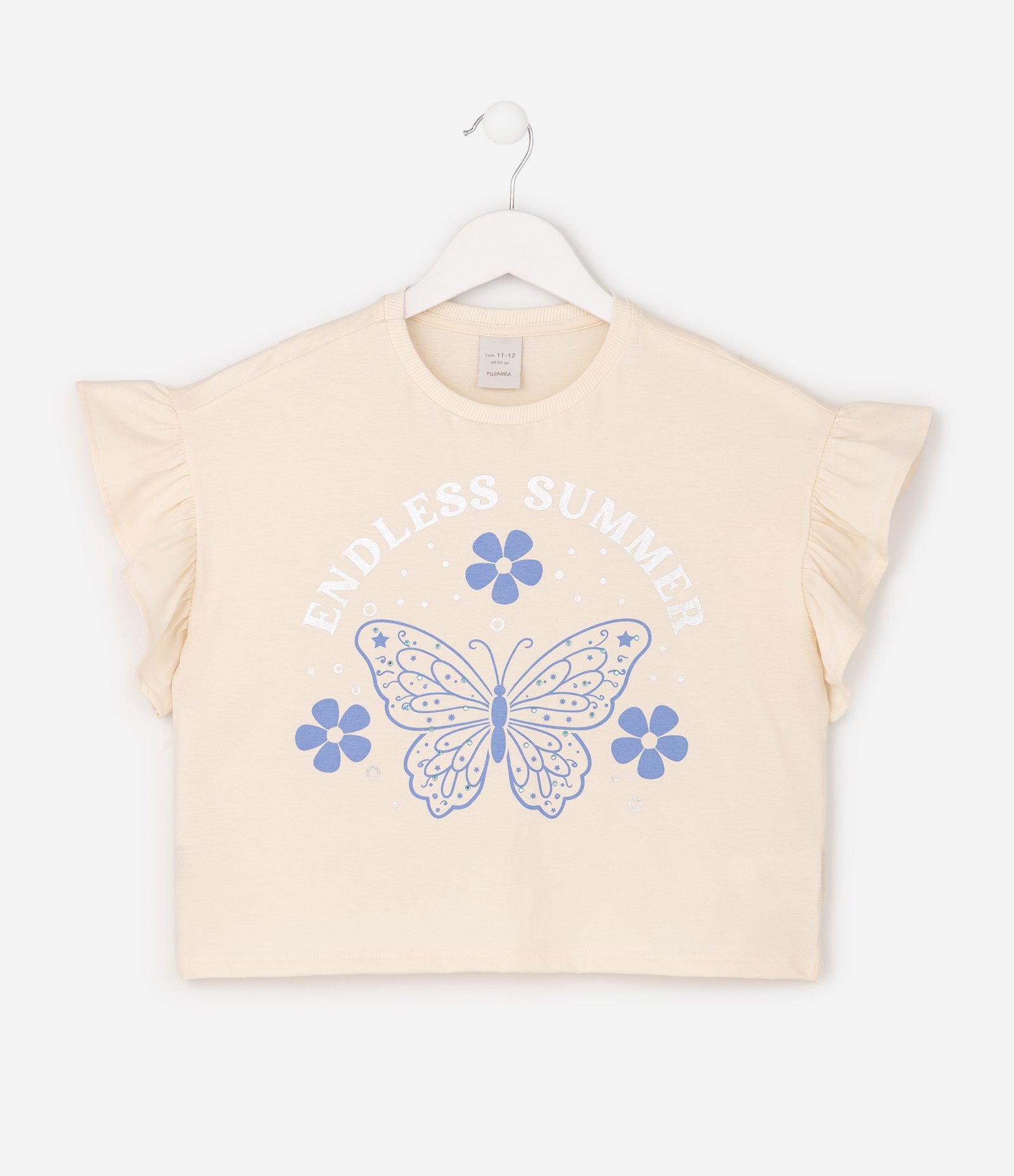 Camiseta Boxy em Algodão com Estampa de Borboleta e Babados Infantil - Tam 5 a 14 Anos Bege 2