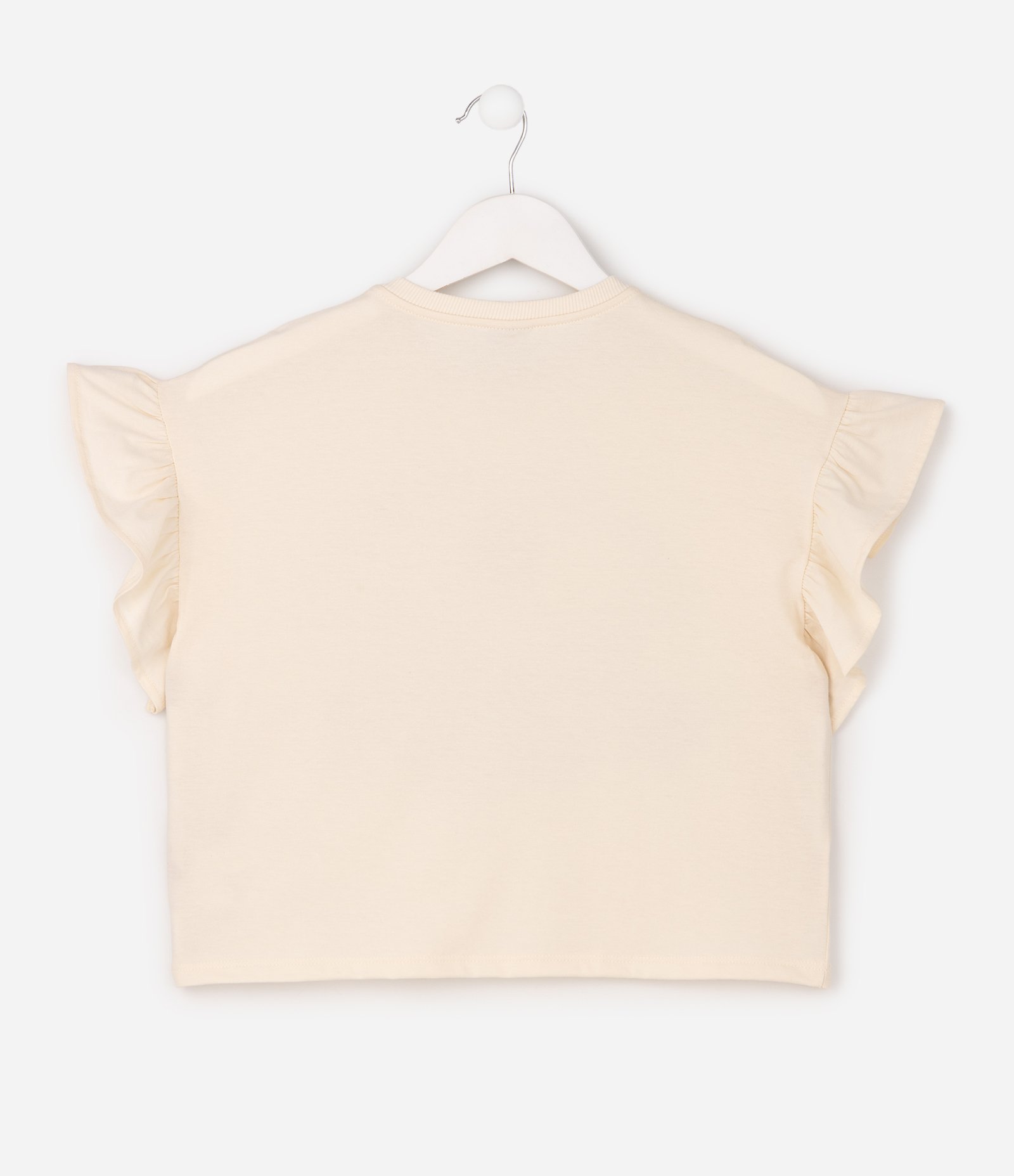 Camiseta Boxy em Algodão com Estampa de Borboleta e Babados Infantil - Tam 5 a 14 Anos Bege 3