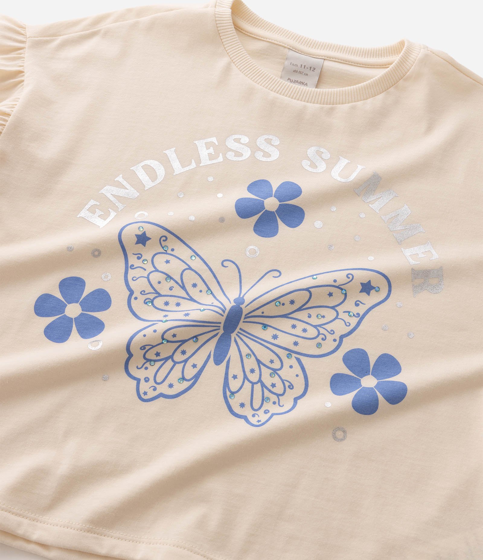 Camiseta Boxy em Algodão com Estampa de Borboleta e Babados Infantil - Tam 5 a 14 Anos Bege 5