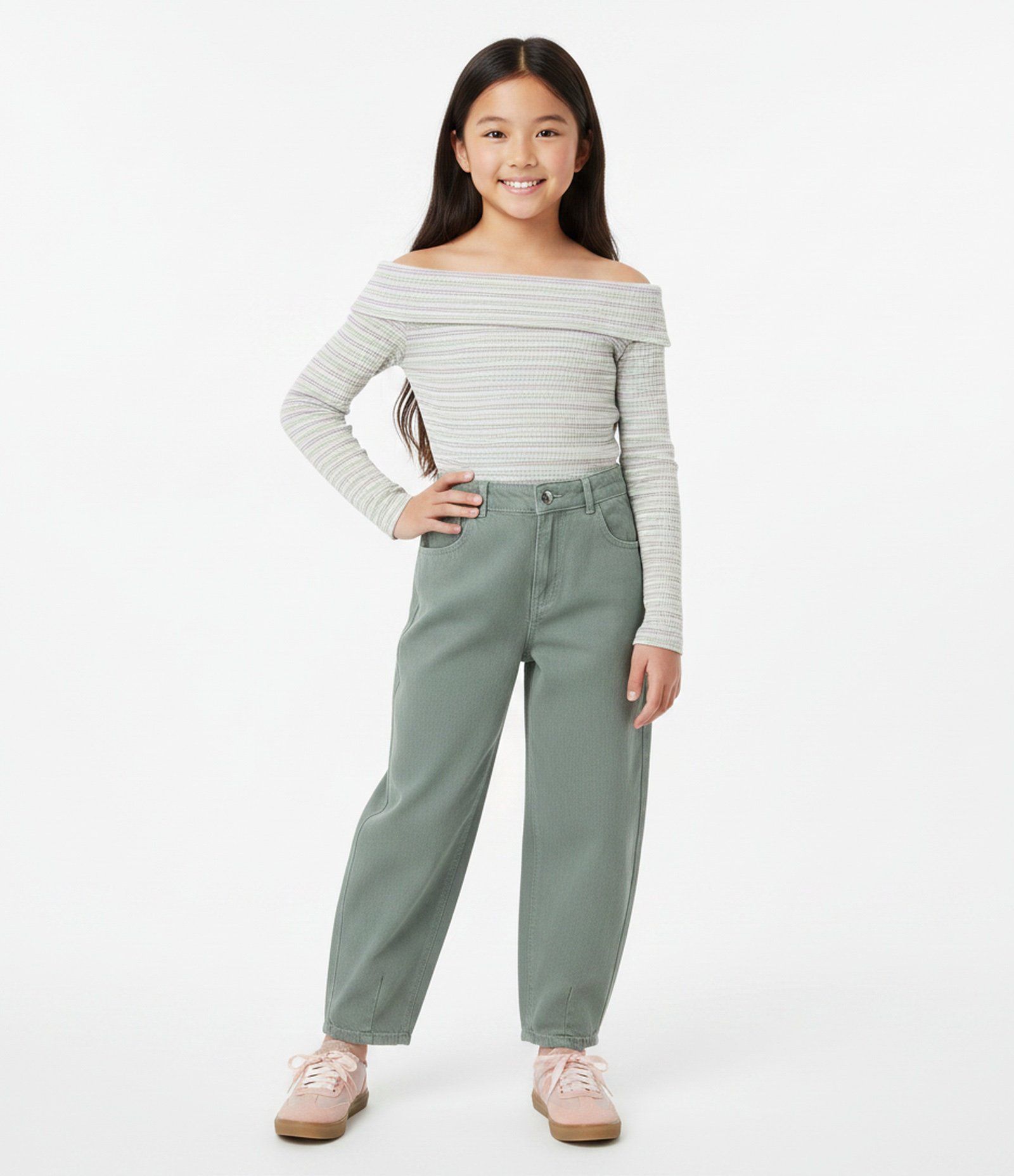 Blusa Baby Look Infantil Listrado com Decote Ombro a Ombro – Tam 7 a 16 Anos Off White 1