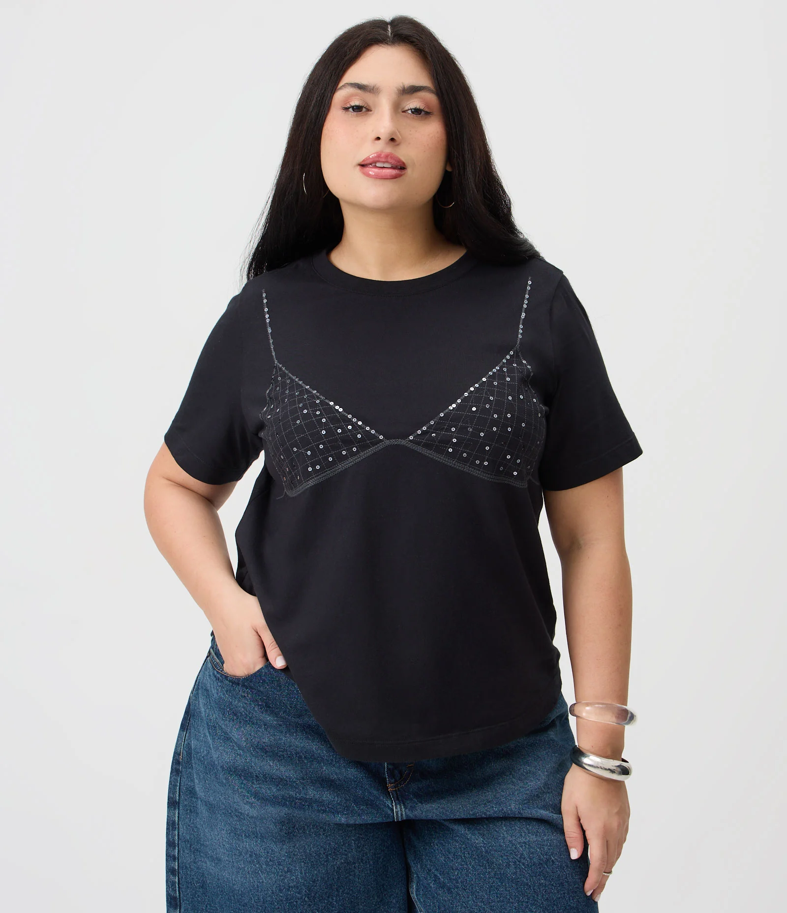 Blusa em Algodão com Paetê e Estampa Biquíni Curve & Plus Size Preto 1