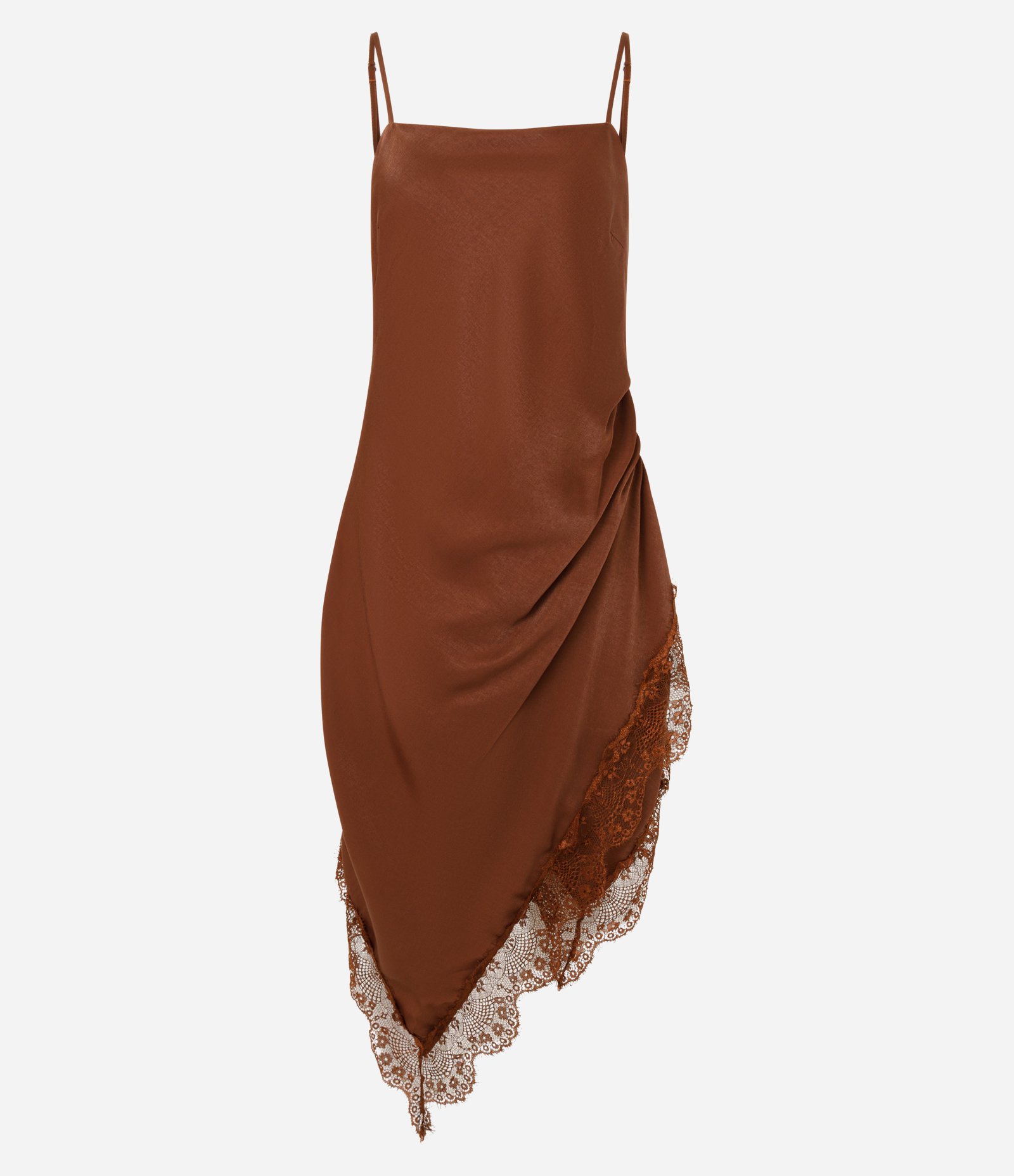 Vestido Midi de Alcinha em Cetim com Barra Assimétrica Rendada Marrom 1