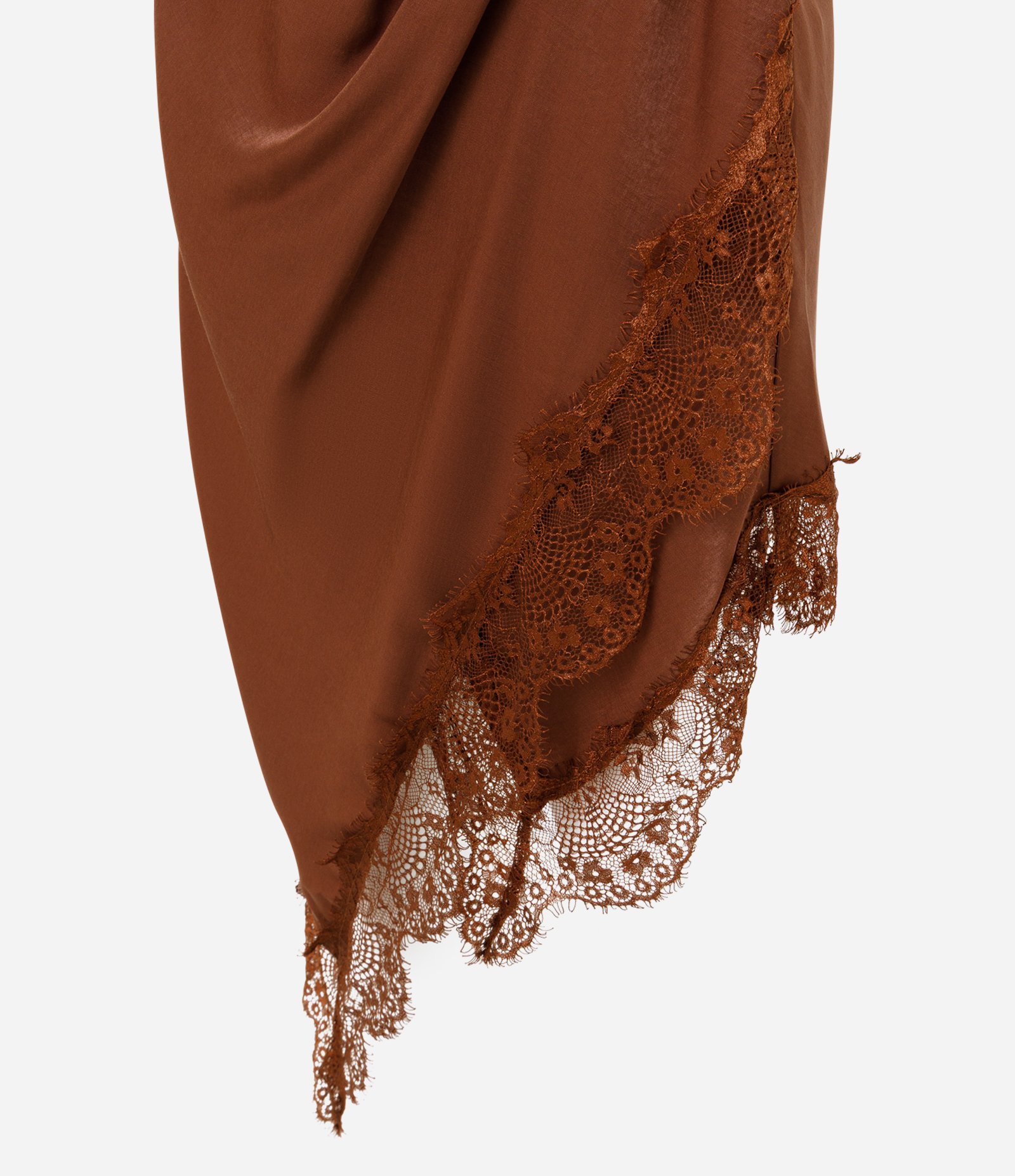 Vestido Midi de Alcinha em Cetim com Barra Assimétrica Rendada Marrom 2