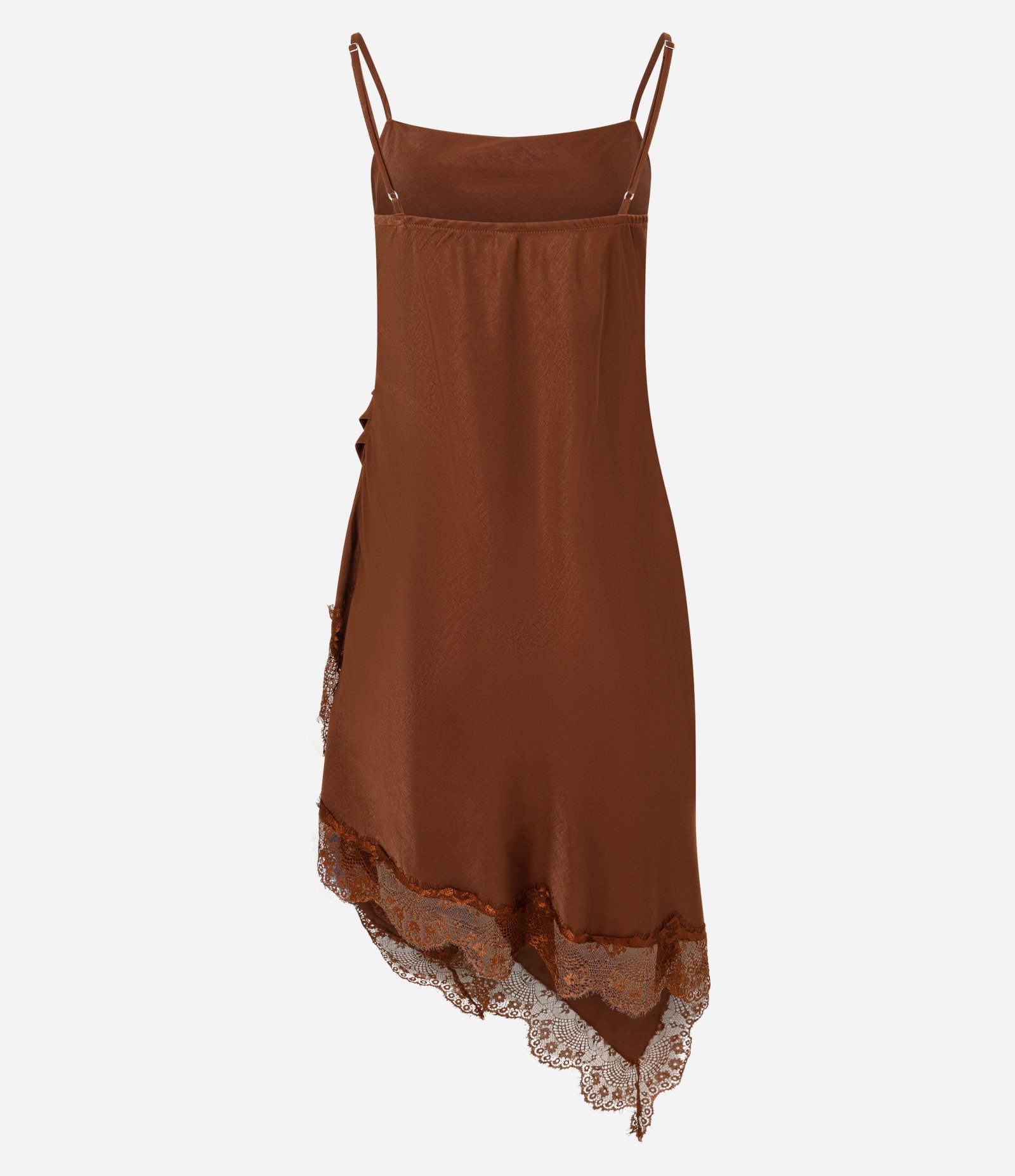 Vestido Midi de Alcinha em Cetim com Barra Assimétrica Rendada Marrom 3