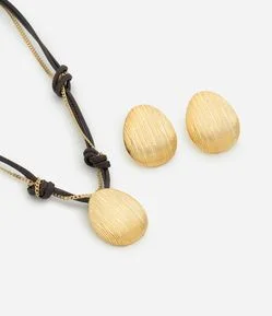 Conjunto de Colar em Fio Encerado e Brincos com Pingente Oval