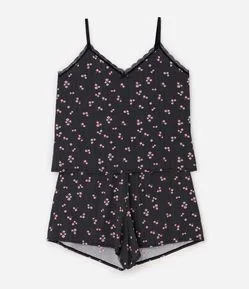 Pijama Regata e Short Poá com Floral Curve & Plus Size