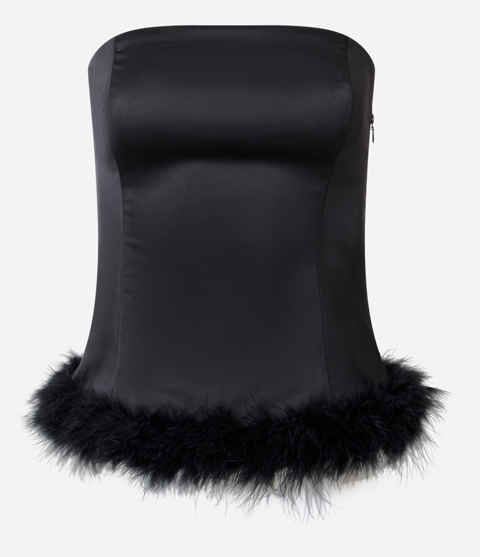 Blusa Tomara que Caia em Cetim com Barra de Plumas Preto 1
