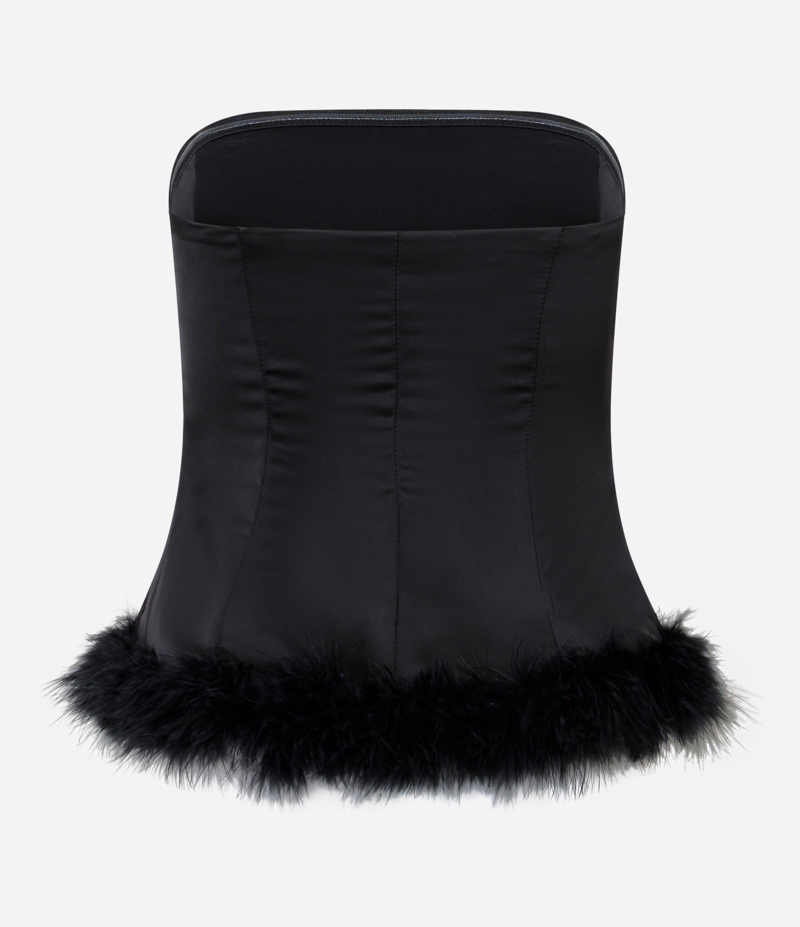 Blusa Tomara que Caia em Cetim com Barra de Plumas Preto 3